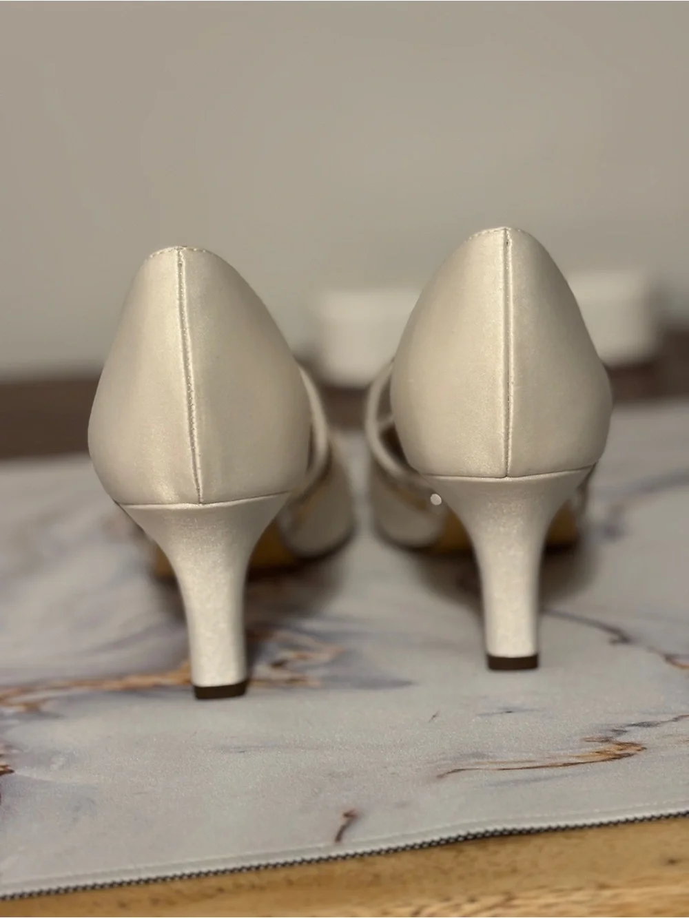 Nina Cream Satin Pointed-Toe Heels with Crystal Strap